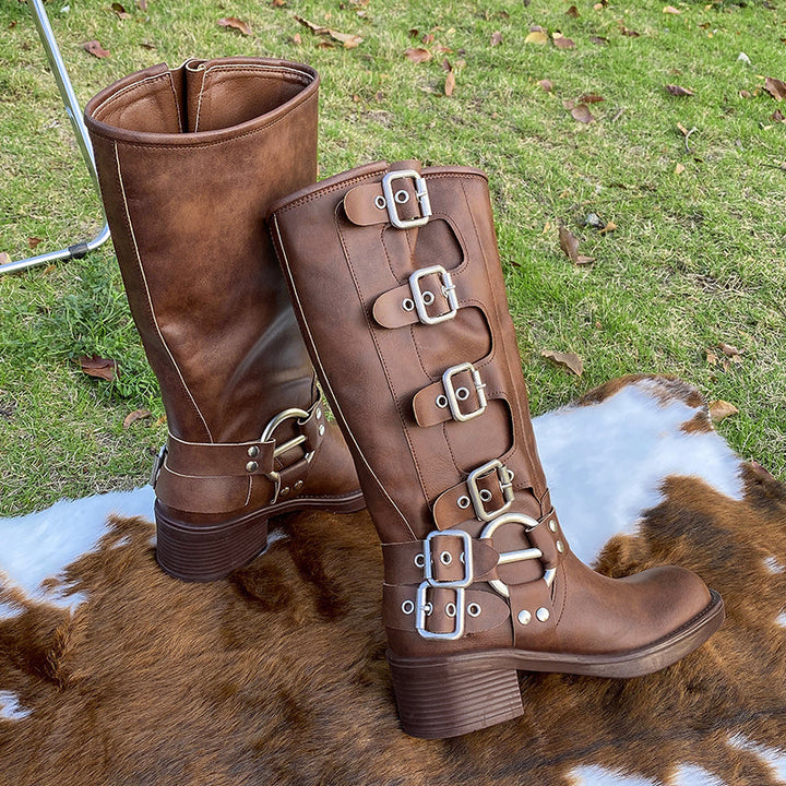 Riza - Retro Braune Stiefel mit Gürtelschnalle