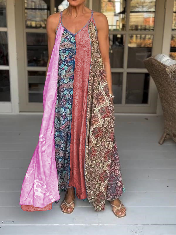 Catherine - Lässiges V-Ausschnitt Farbblock Druck Trägerkleid