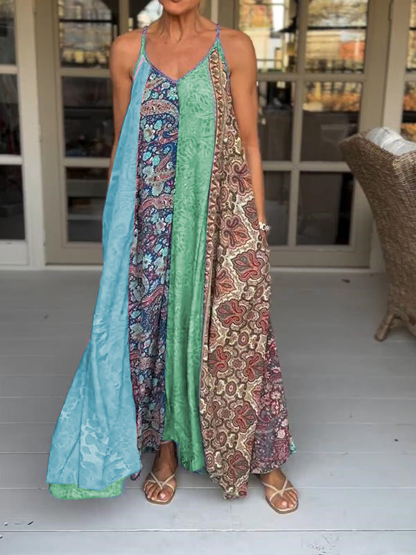 Catherine - Lässiges V-Ausschnitt Farbblock Druck Trägerkleid