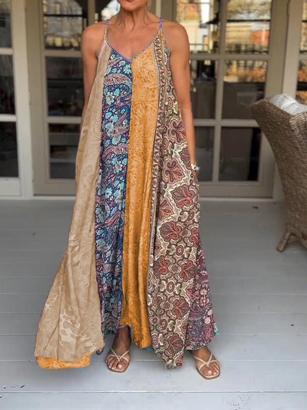 Catherine - Lässiges V-Ausschnitt Farbblock Druck Trägerkleid