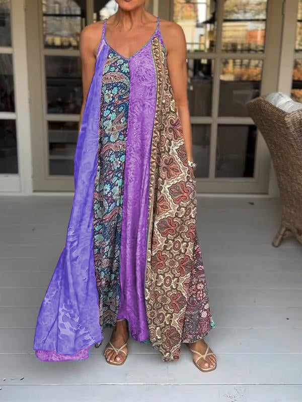 Catherine - Lässiges V-Ausschnitt Farbblock Druck Trägerkleid