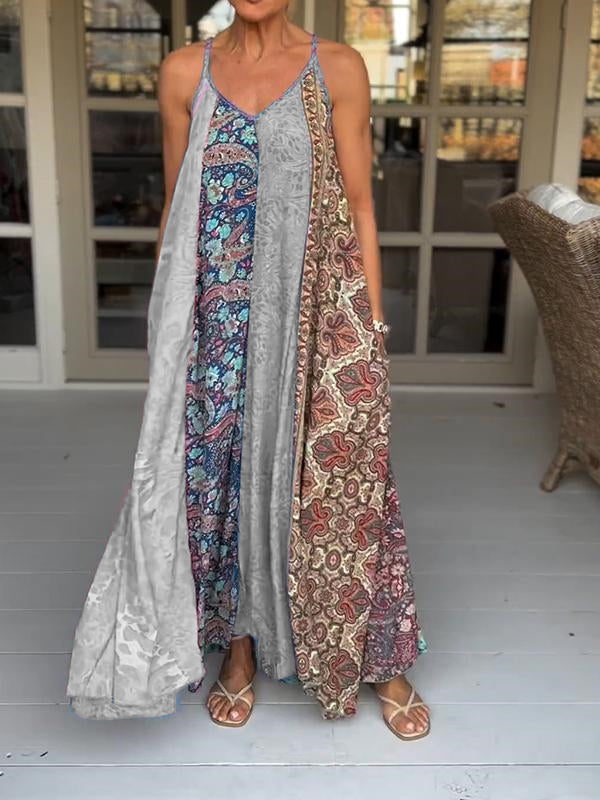 Catherine - Lässiges V-Ausschnitt Farbblock Druck Trägerkleid