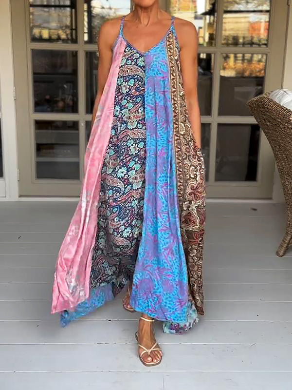 Catherine - Lässiges V-Ausschnitt Farbblock Druck Trägerkleid
