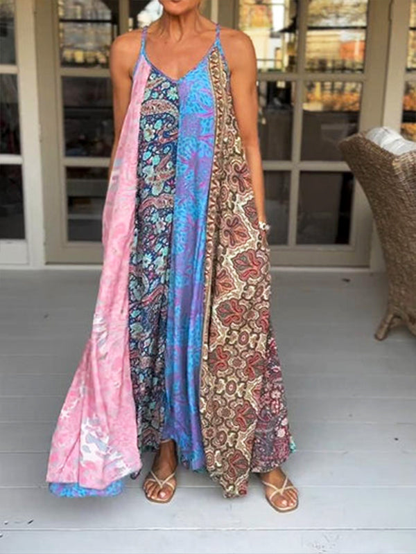 Catherine - Lässiges V-Ausschnitt Farbblock Druck Trägerkleid