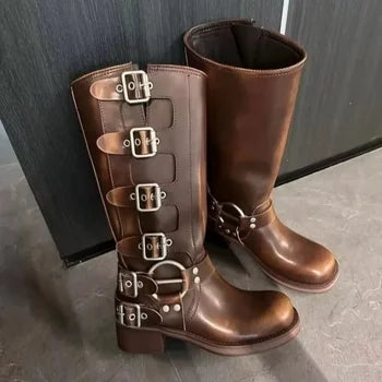 Riza - Retro Braune Stiefel mit Gürtelschnalle