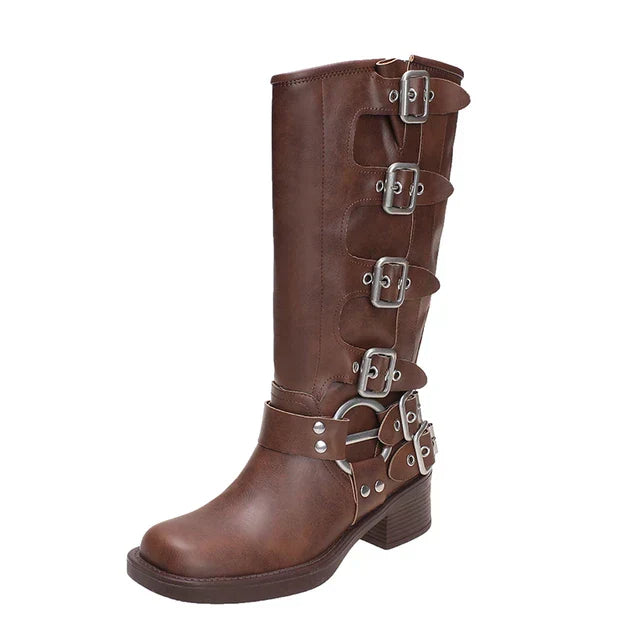Riza - Retro Braune Stiefel mit Gürtelschnalle