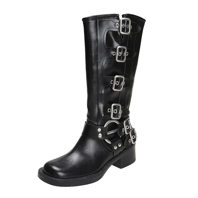 Riza - Retro Braune Stiefel mit Gürtelschnalle