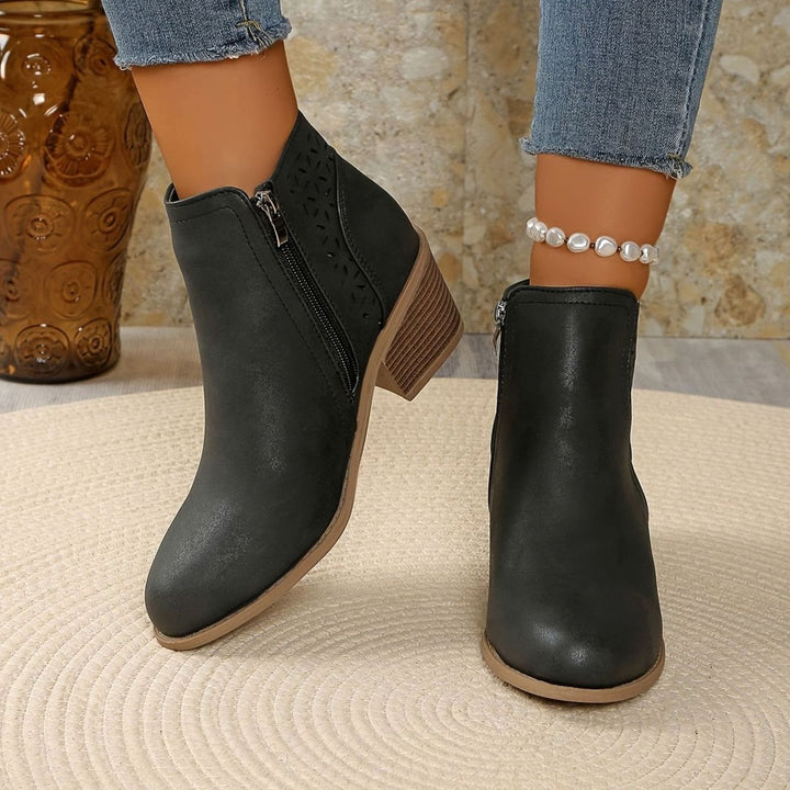 Damen Ankle Boots mit seitlichem Reißverschluss Blockabsatz Cutout