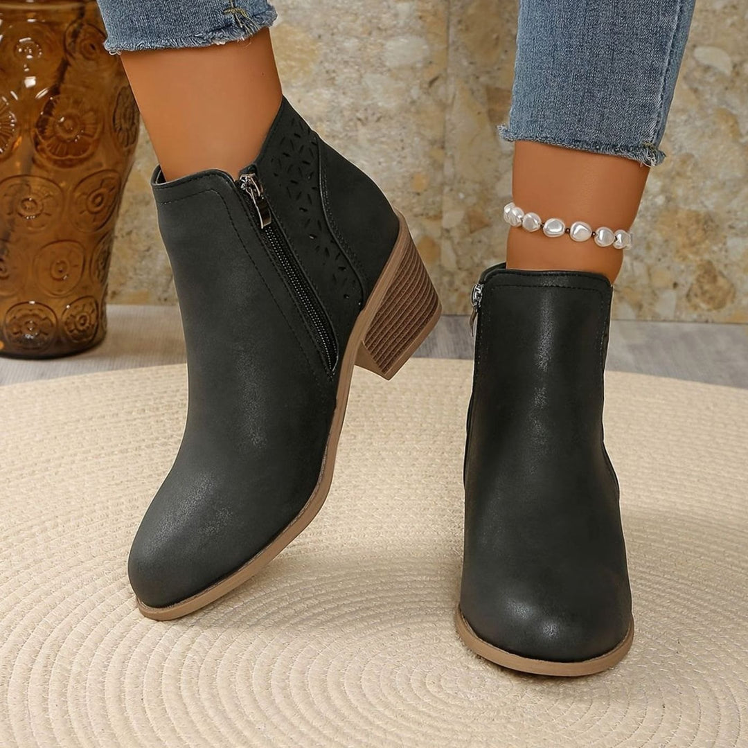 Damen Ankle Boots mit seitlichem Reißverschluss Blockabsatz Cutout