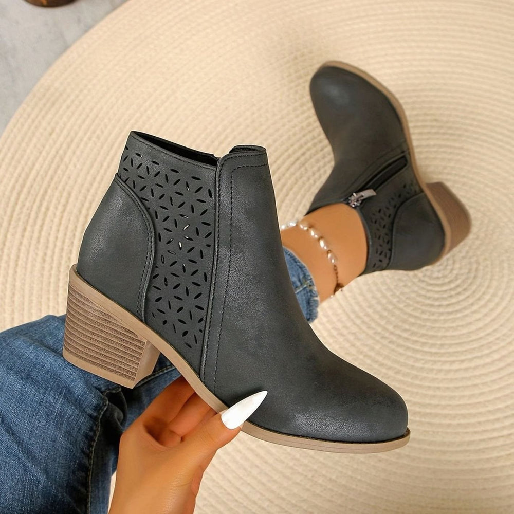 Damen Ankle Boots mit seitlichem Reißverschluss Blockabsatz Cutout