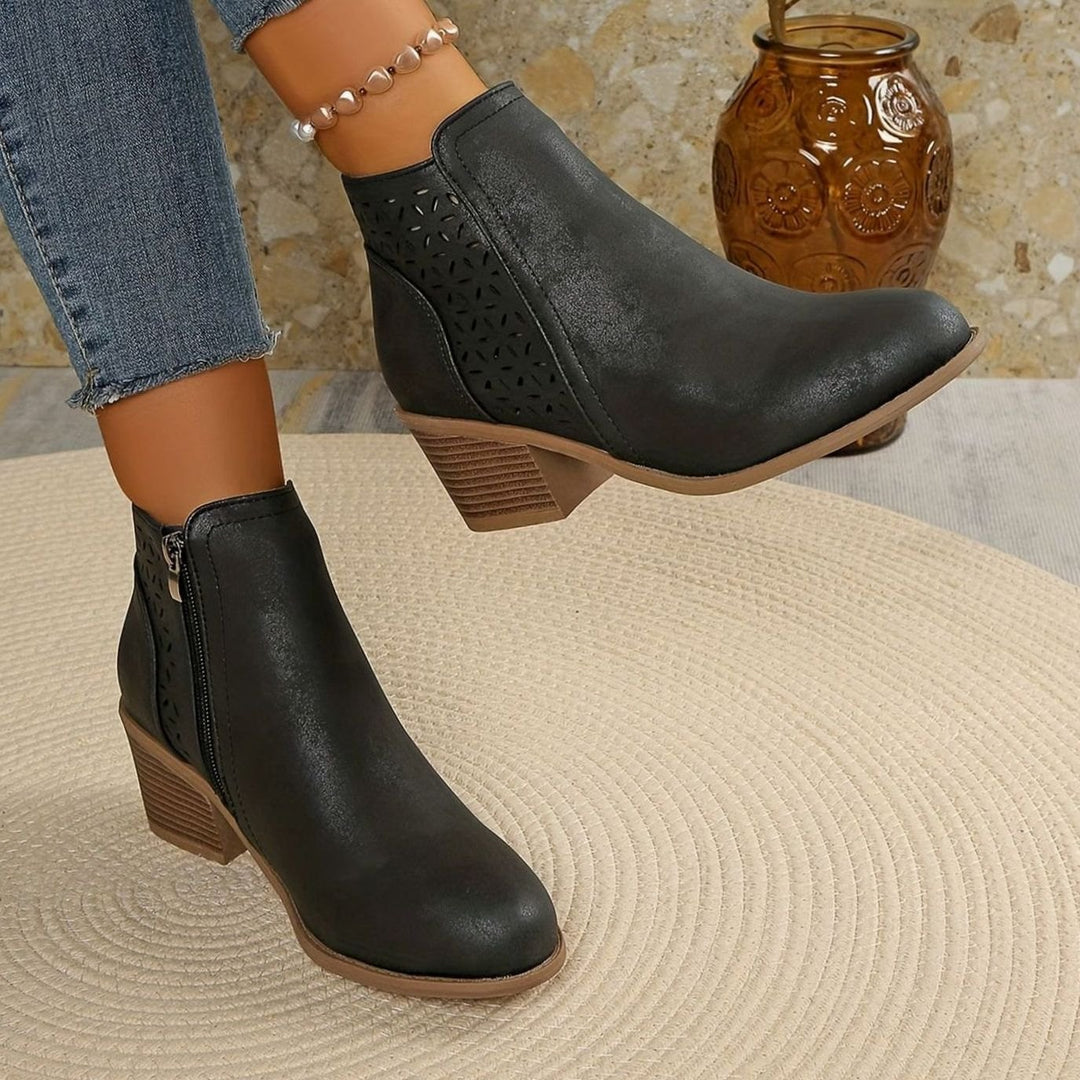 Damen Ankle Boots mit seitlichem Reißverschluss Blockabsatz Cutout