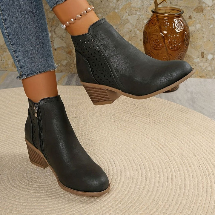 Damen Ankle Boots mit seitlichem Reißverschluss Blockabsatz Cutout