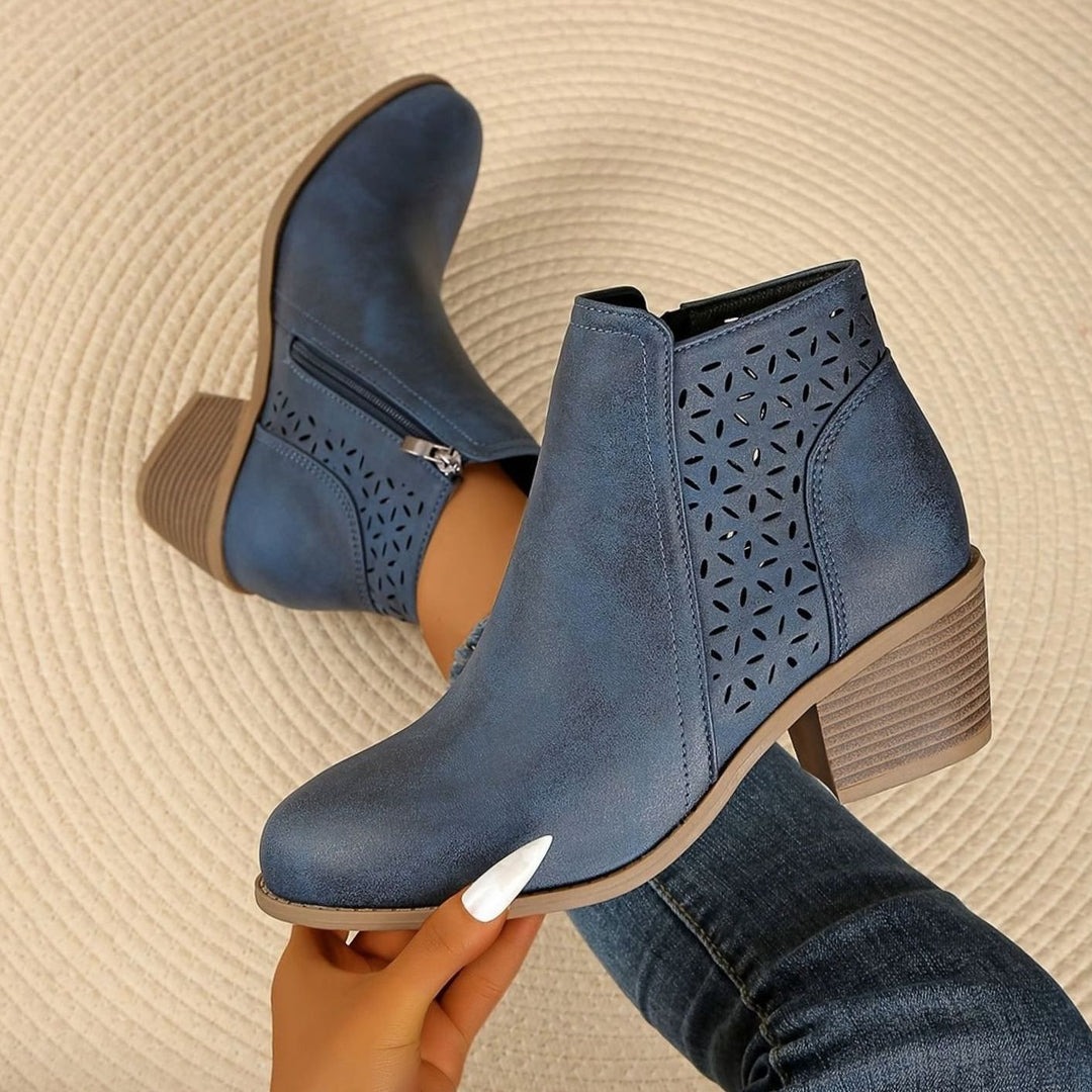 Damen Ankle Boots mit seitlichem Reißverschluss Blockabsatz Cutout - Blau