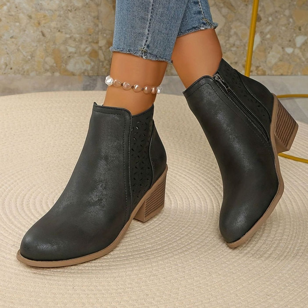 Damen Ankle Boots mit seitlichem Reißverschluss Blockabsatz Cutout