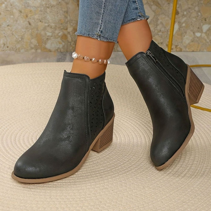 Damen Ankle Boots mit seitlichem Reißverschluss Blockabsatz Cutout