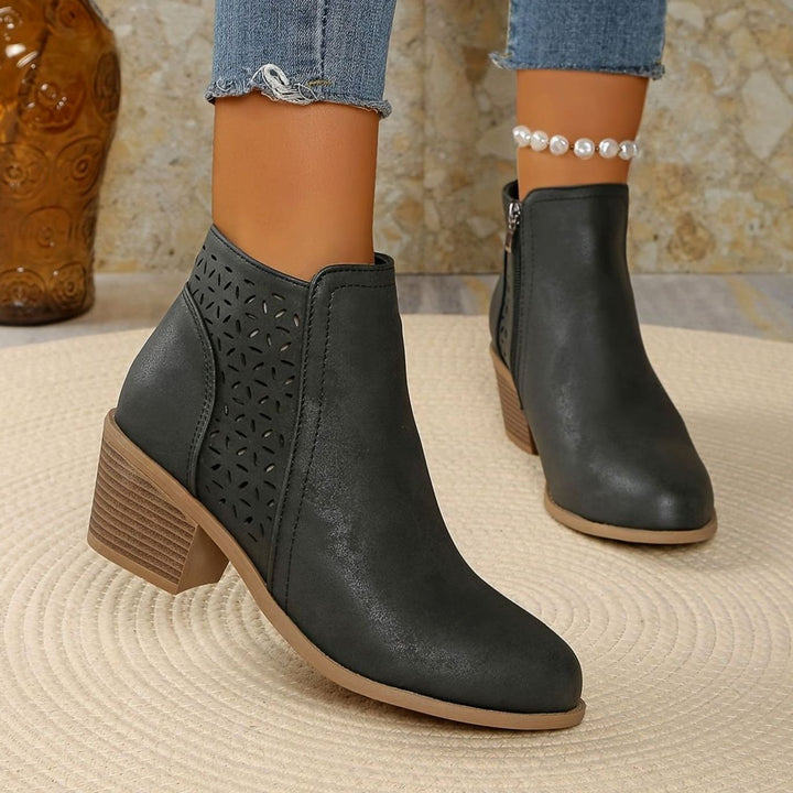 Damen Ankle Boots mit seitlichem Reißverschluss Blockabsatz Cutout