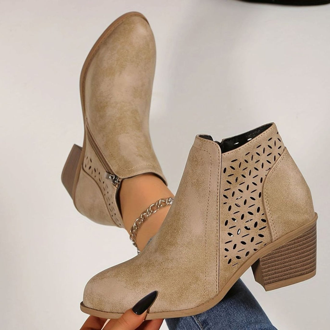 Damen Ankle Boots mit seitlichem Reißverschluss Blockabsatz Cutout - Beige