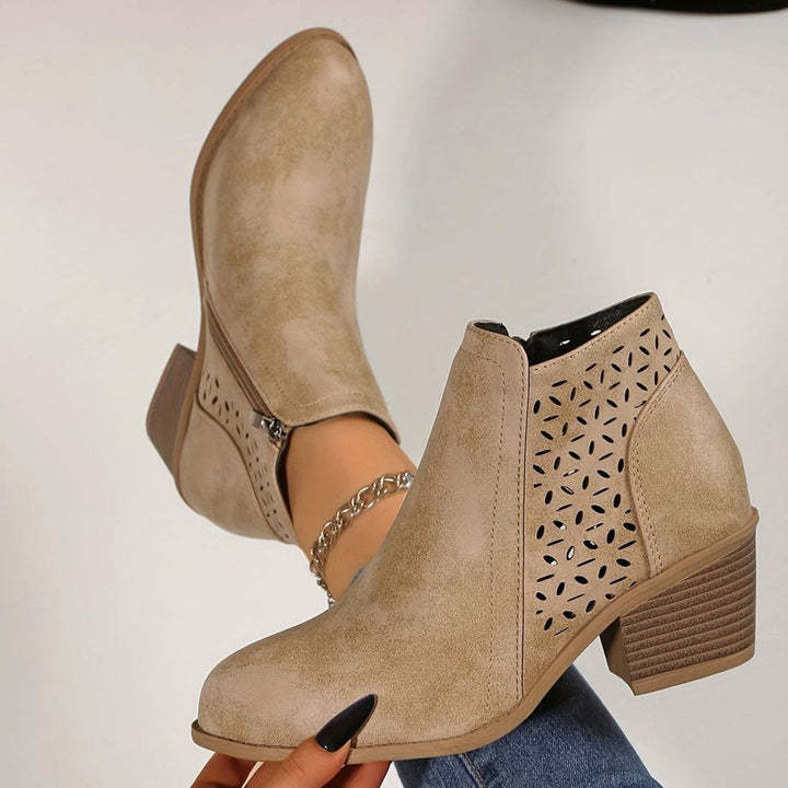 Damen Ankle Boots mit seitlichem Reißverschluss Blockabsatz Cutout - Beige