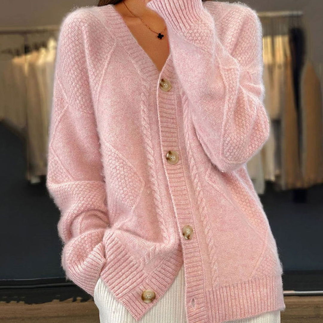 Damen Übergroße Strickjacke mit langen Ärmeln V-Ausschnitt Knopfleiste - Rosa