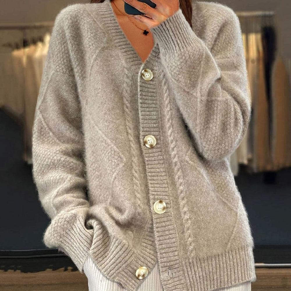 Damen Übergroße Strickjacke mit langen Ärmeln V-Ausschnitt Knopfleiste - Grau