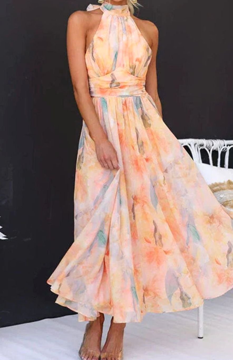 Damen Blumen Maxi Kleid Halter Sommerkleid Midi Chiffon