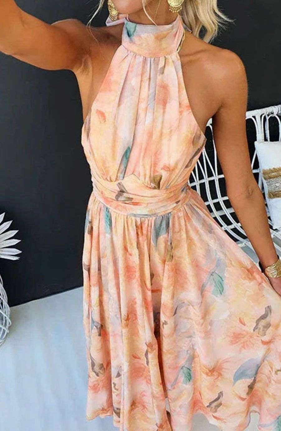 Damen Blumen Maxi Kleid Halter Sommerkleid Midi Chiffon