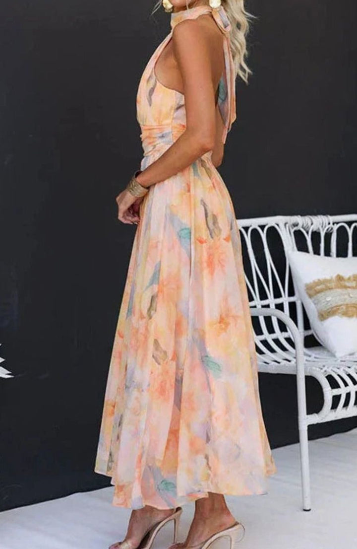 Damen Blumen Maxi Kleid Halter Sommerkleid Midi Chiffon