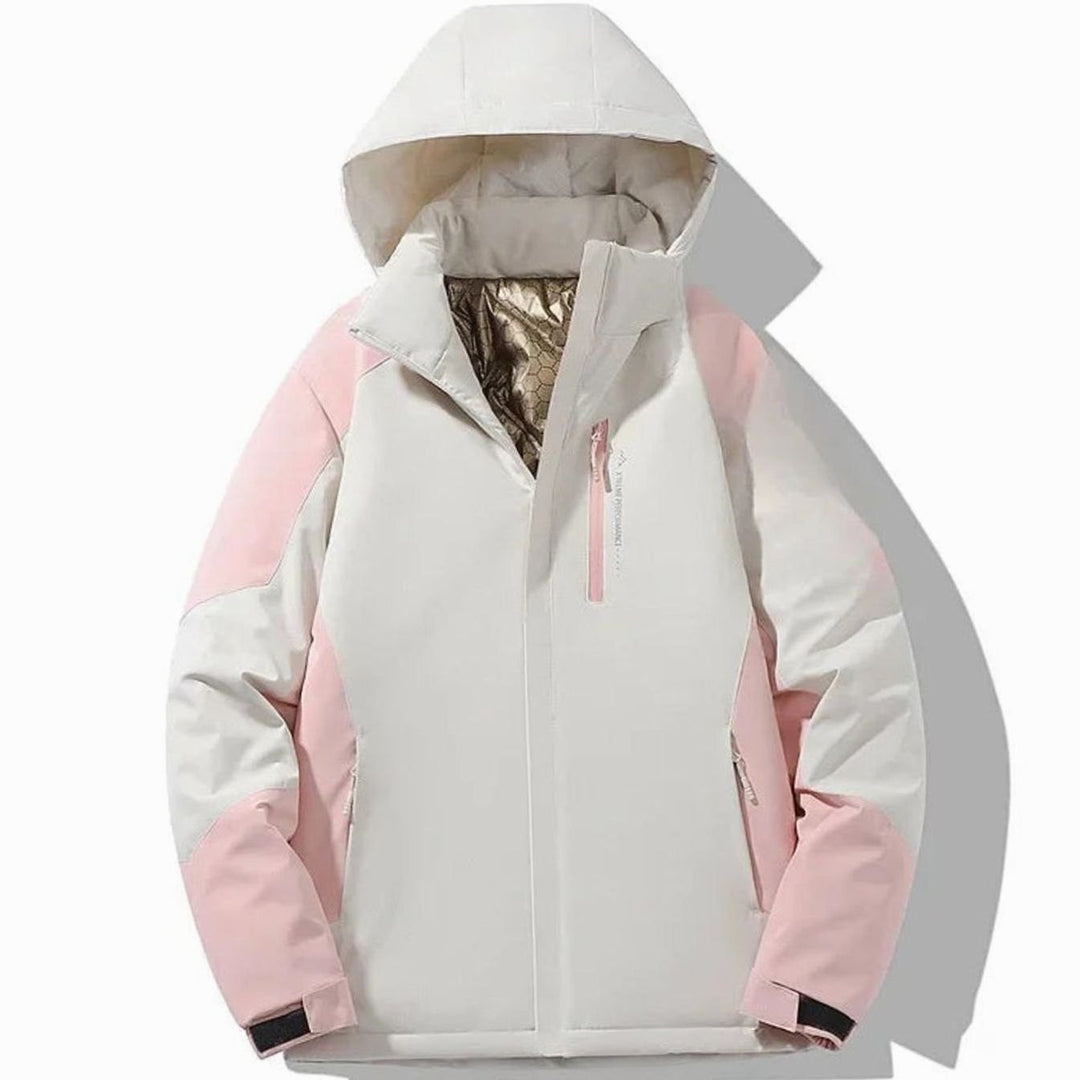 Damen Colorblock Skijacke gefütterte Kapuzenjacke Langarm Wintersport - Reisweiß