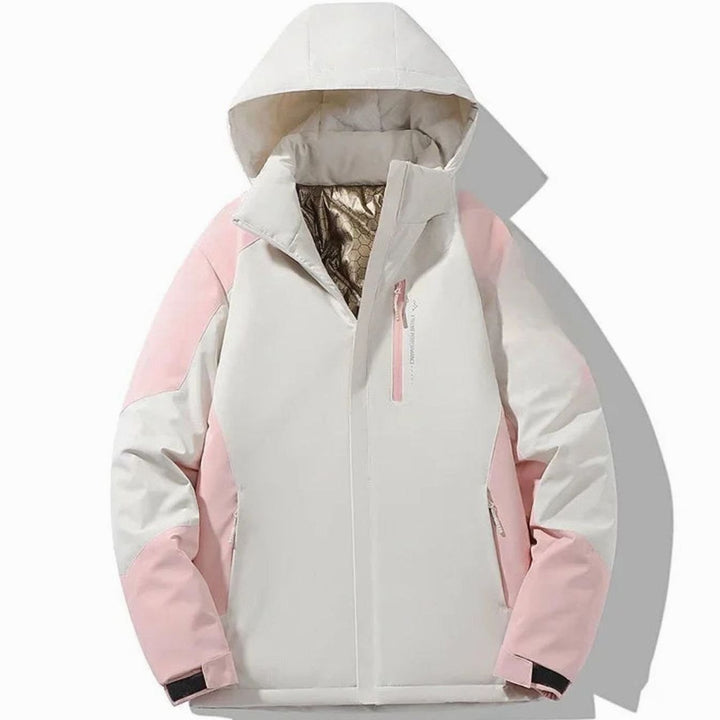 Damen Colorblock Skijacke gefütterte Kapuzenjacke Langarm Wintersport - Reisweiß