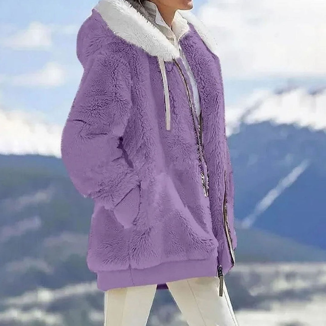 Damen Colorblock Teddyfleece Winterjacke mit Kapuze und Reißverschluss - Lila