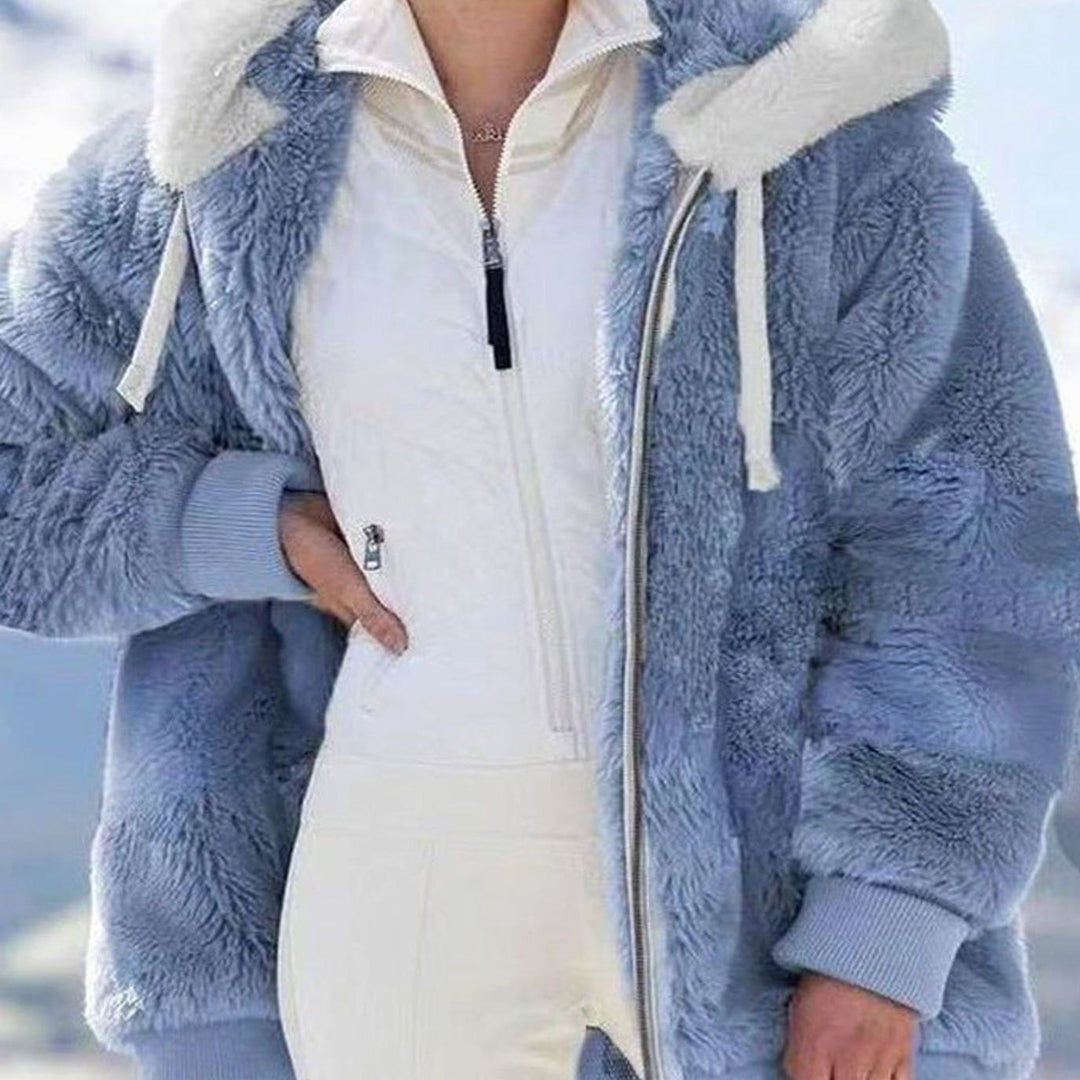 Damen Colorblock Teddyfleece Winterjacke mit Kapuze und Reißverschluss - Blau