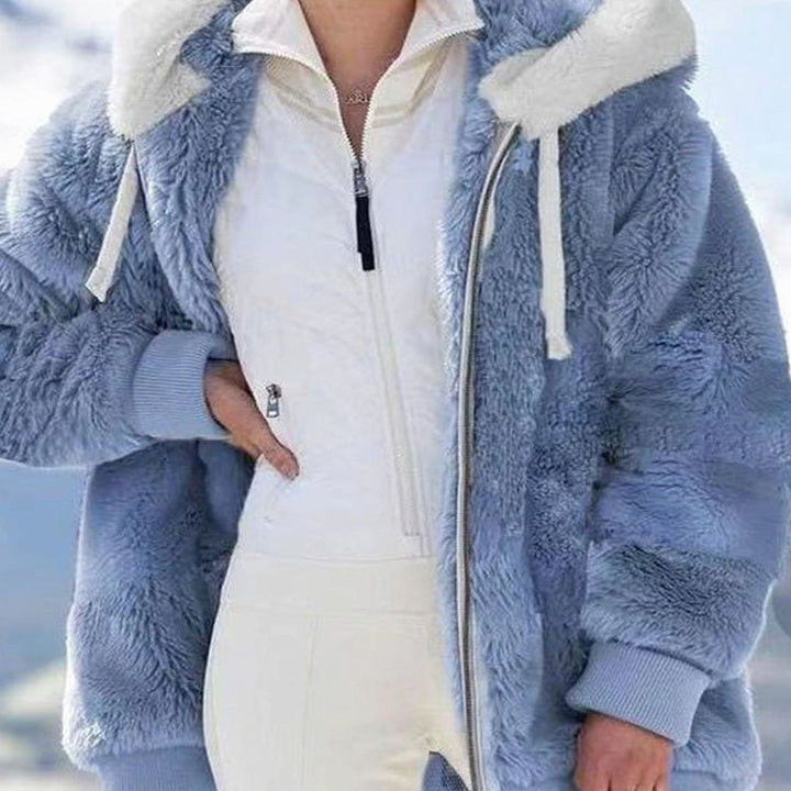 Damen Colorblock Teddyfleece Winterjacke mit Kapuze und Reißverschluss - Blau