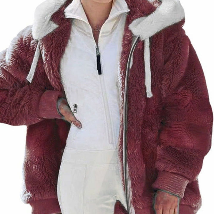 Damen Colorblock Teddyfleece Winterjacke mit Kapuze und Reißverschluss - Rot
