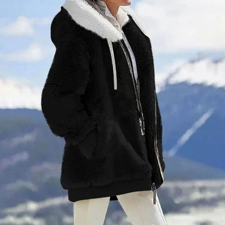 Damen Colorblock Teddyfleece Winterjacke mit Kapuze und Reißverschluss - Schwarz