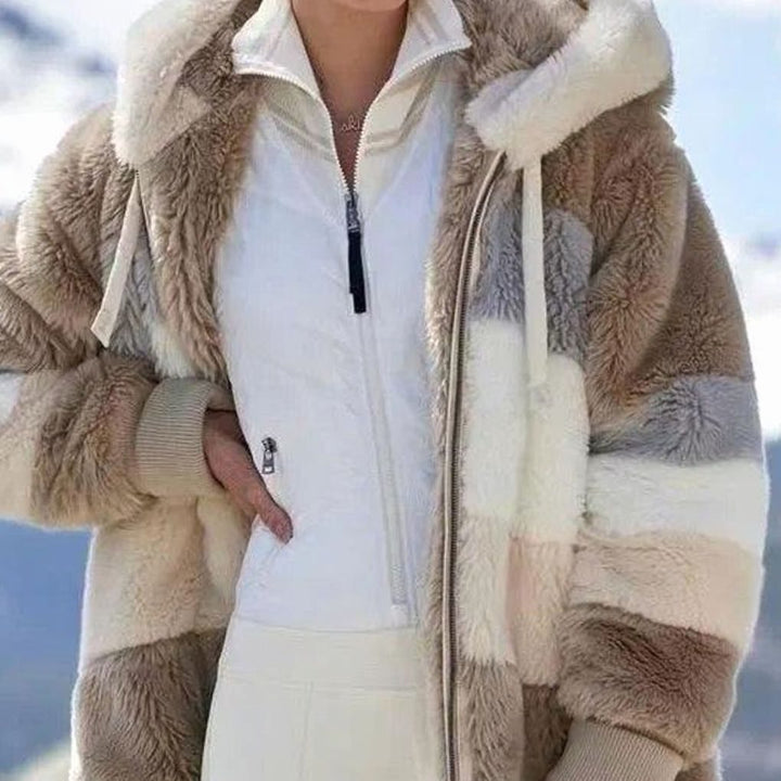 Damen Colorblock Teddyfleece Winterjacke mit Kapuze und Reißverschluss
