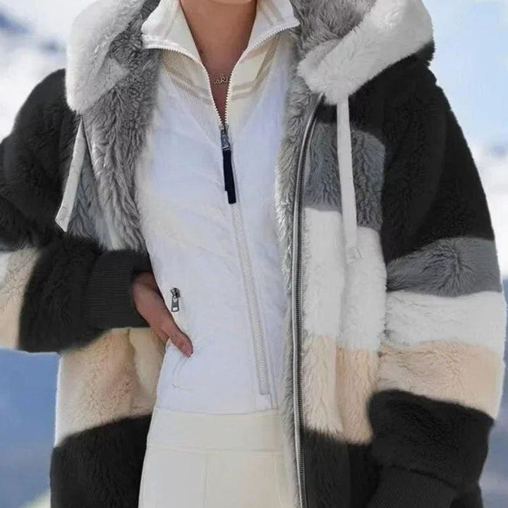 Damen Colorblock Teddyfleece Winterjacke mit Kapuze und Reißverschluss - Schwarze Streifen