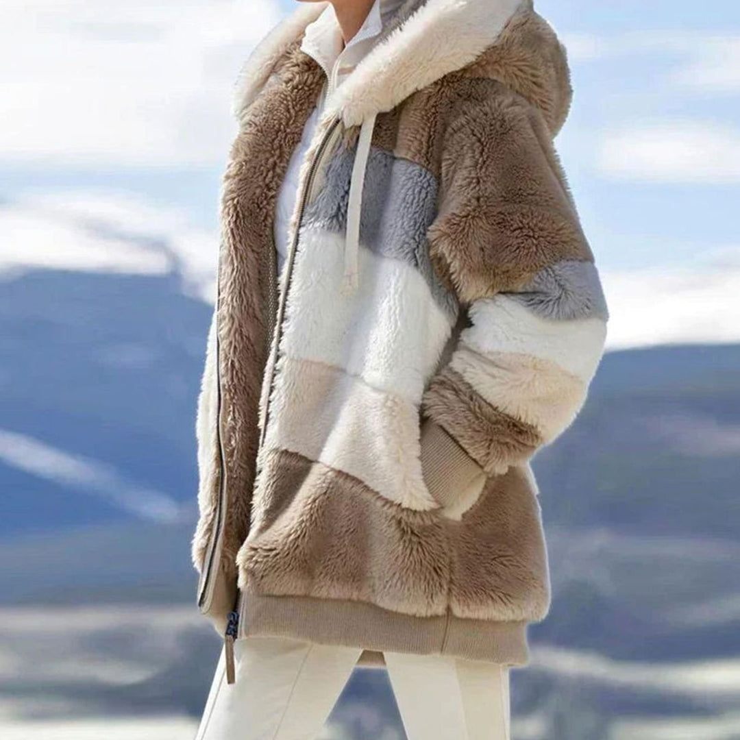 Damen Colorblock Teddyfleece Winterjacke mit Kapuze und Reißverschluss
