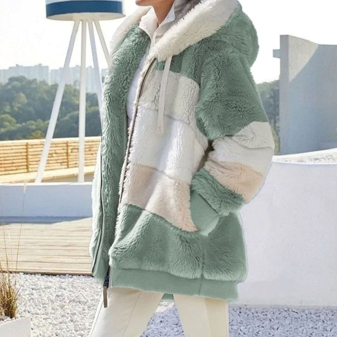 Damen Colorblock Teddyfleece Winterjacke mit Kapuze und Reißverschluss - Grüne Streifen