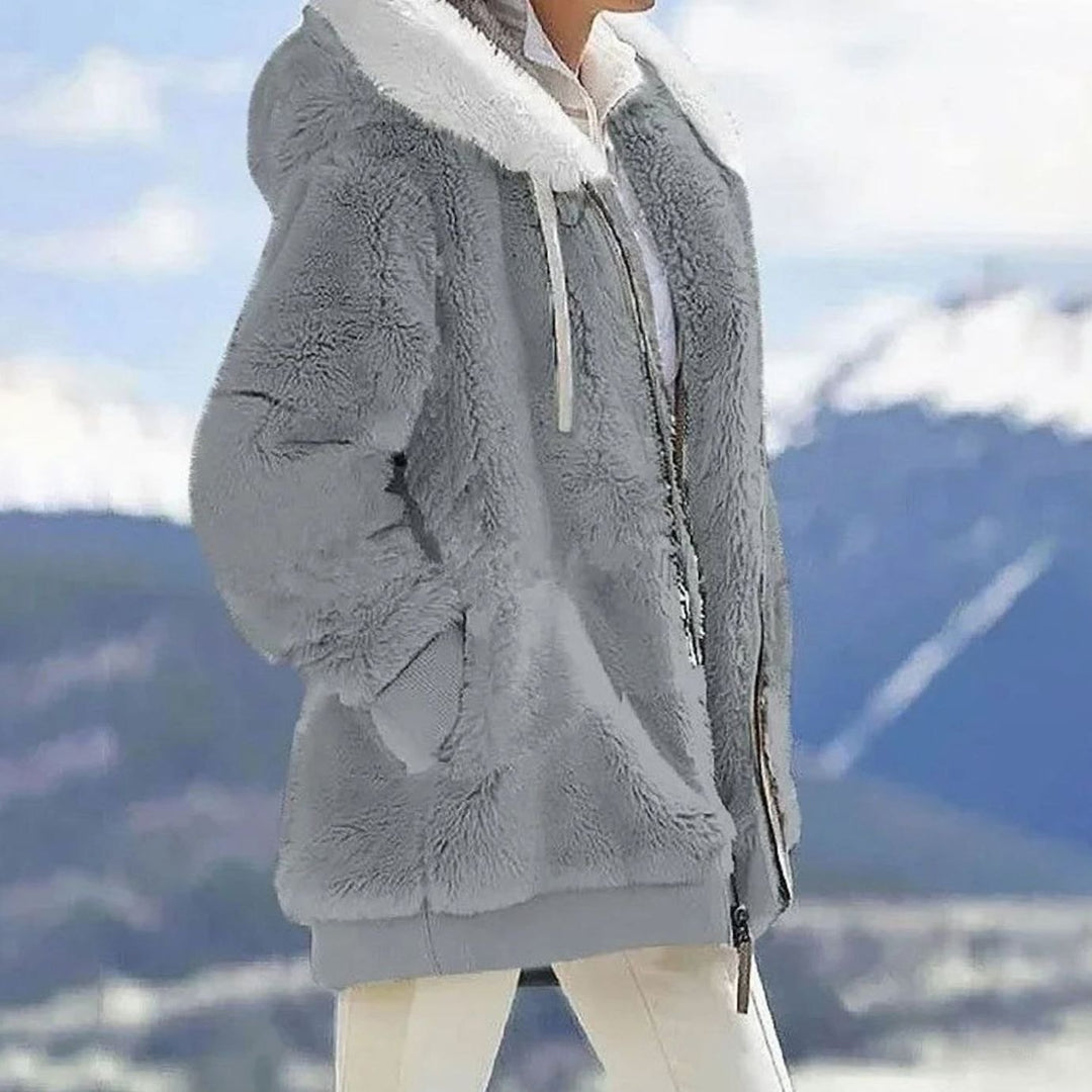 Damen Colorblock Teddyfleece Winterjacke mit Kapuze und Reißverschluss - Grau