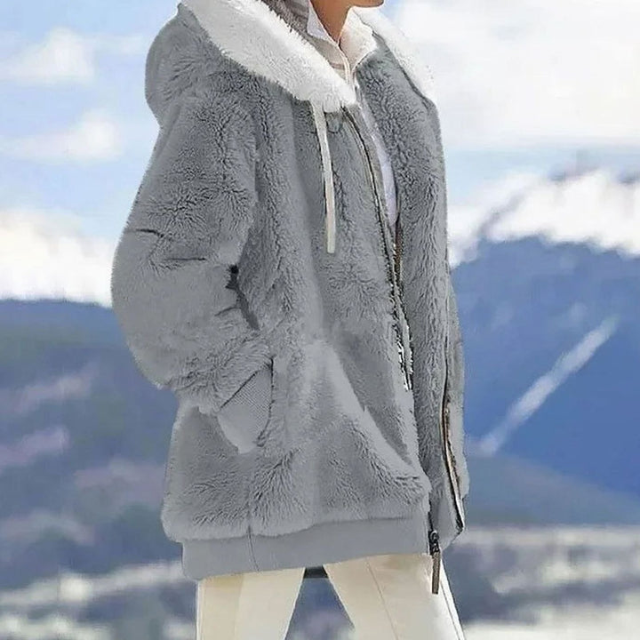 Damen Colorblock Teddyfleece Winterjacke mit Kapuze und Reißverschluss - Grau