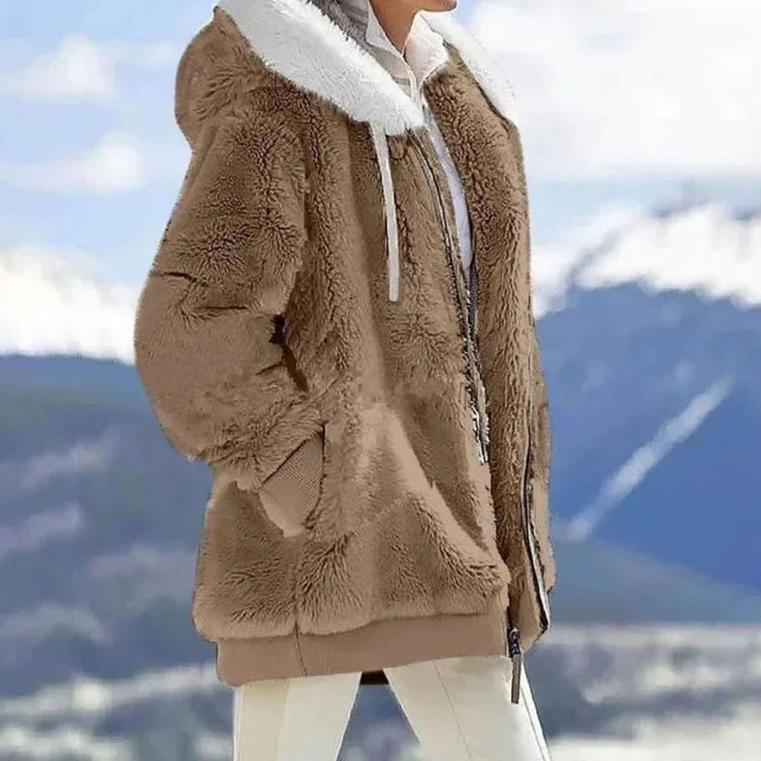 Damen Colorblock Teddyfleece Winterjacke mit Kapuze und Reißverschluss - Braun