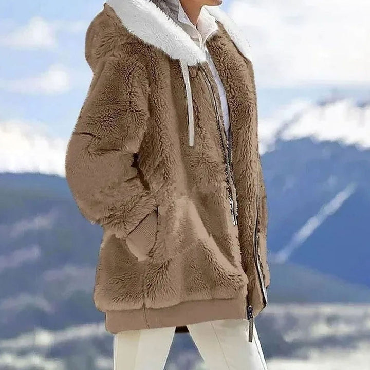 Damen Colorblock Teddyfleece Winterjacke mit Kapuze und Reißverschluss - Braun