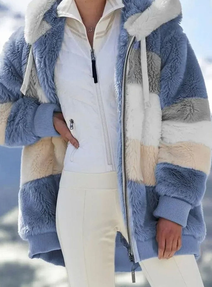 Damen Colorblock Teddyfleece Winterjacke mit Kapuze und Reißverschluss