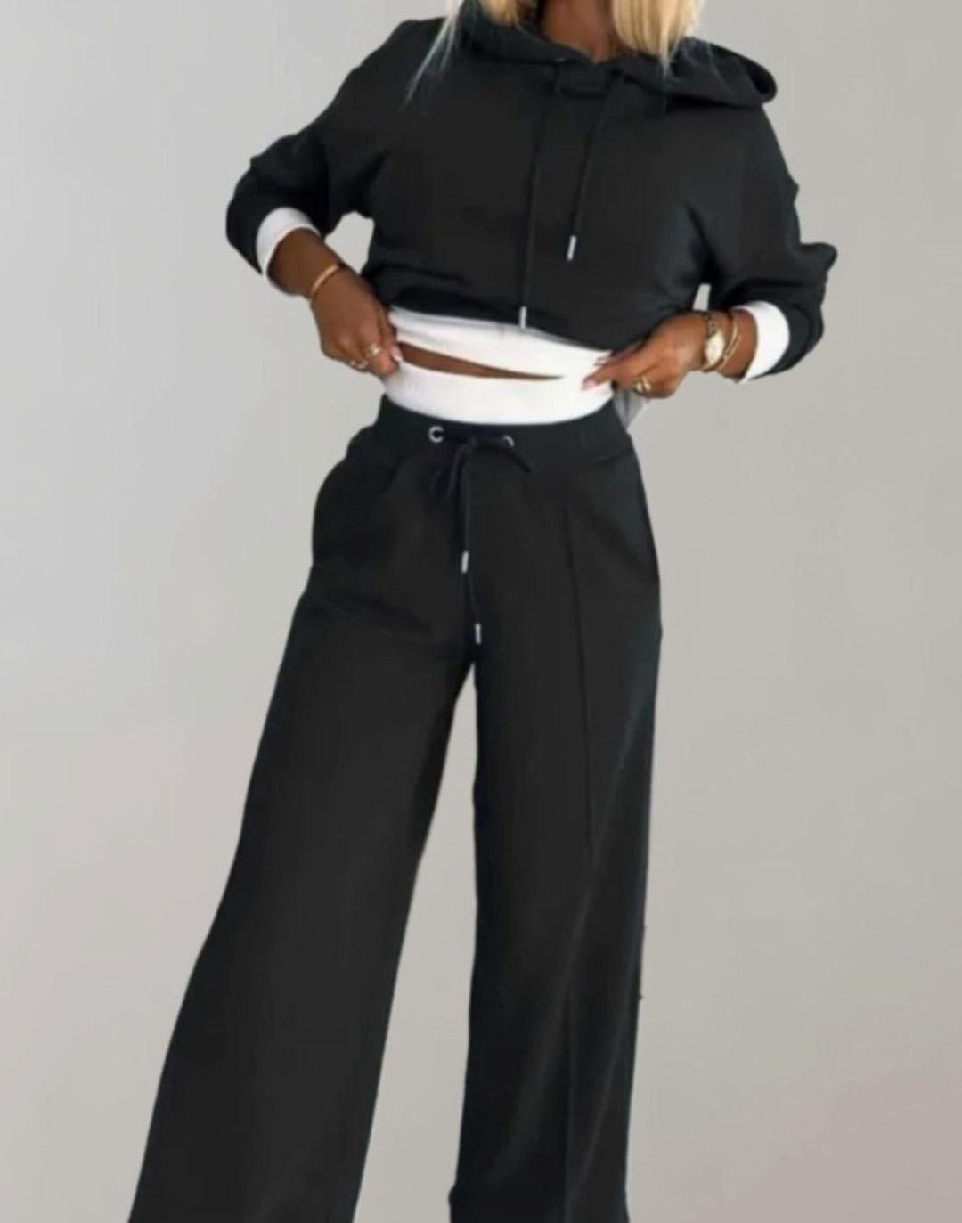 Damen Cropped Freizeit Hoodie Jogginganzug Set Weites Bein - Schwarz