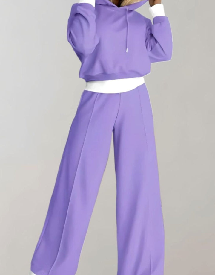 Damen Cropped Freizeit Hoodie Jogginganzug Set Weites Bein - Lila