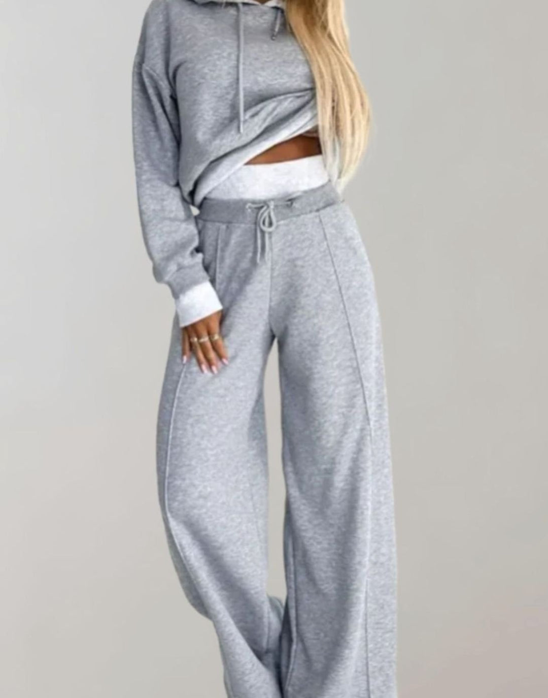 Damen Cropped Freizeit Hoodie Jogginganzug Set Weites Bein - Grau