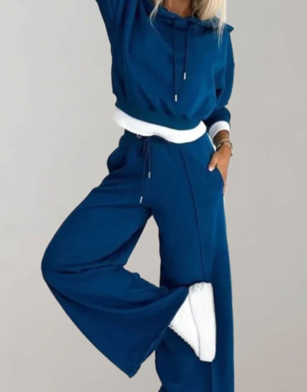 Damen Cropped Freizeit Hoodie Jogginganzug Set Weites Bein - Blau