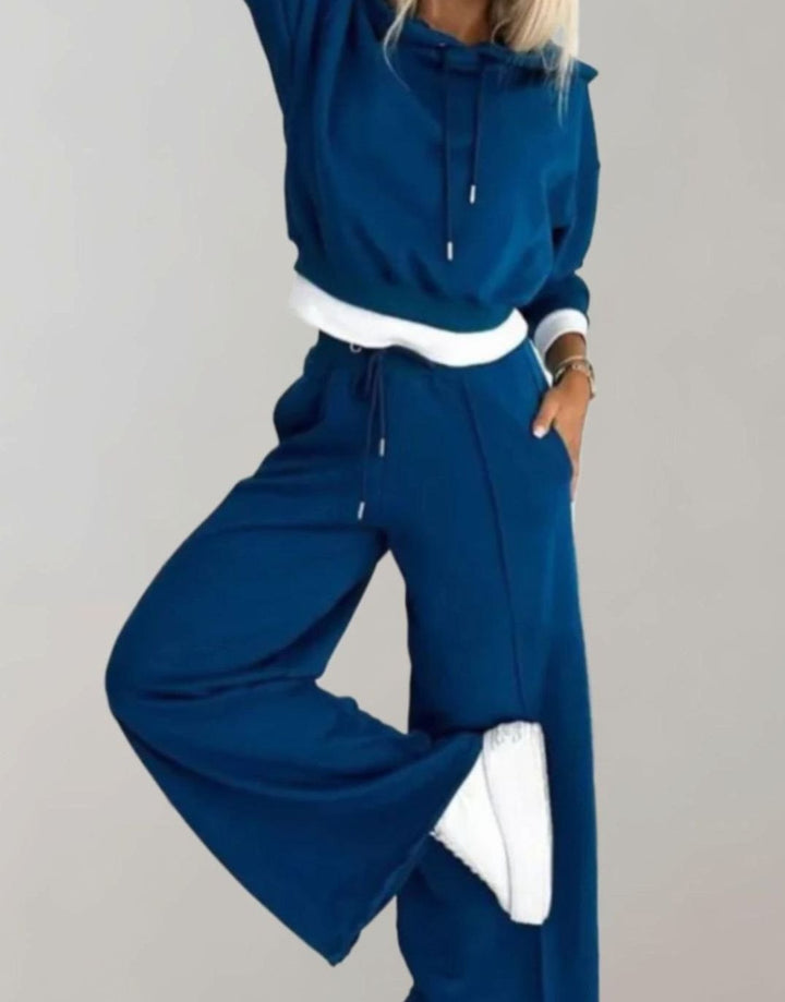 Damen Cropped Freizeit Hoodie Jogginganzug Set Weites Bein - Blau