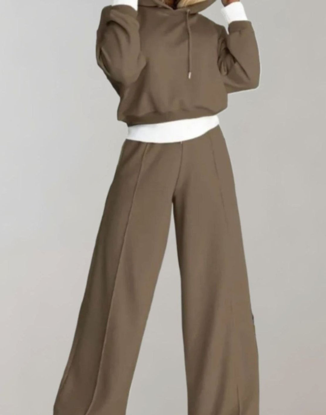Damen Cropped Freizeit Hoodie Jogginganzug Set Weites Bein - Braun