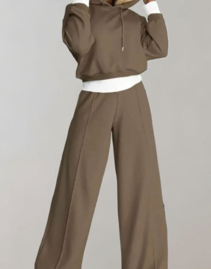 Damen Cropped Freizeit Hoodie Jogginganzug Set Weites Bein - Braun